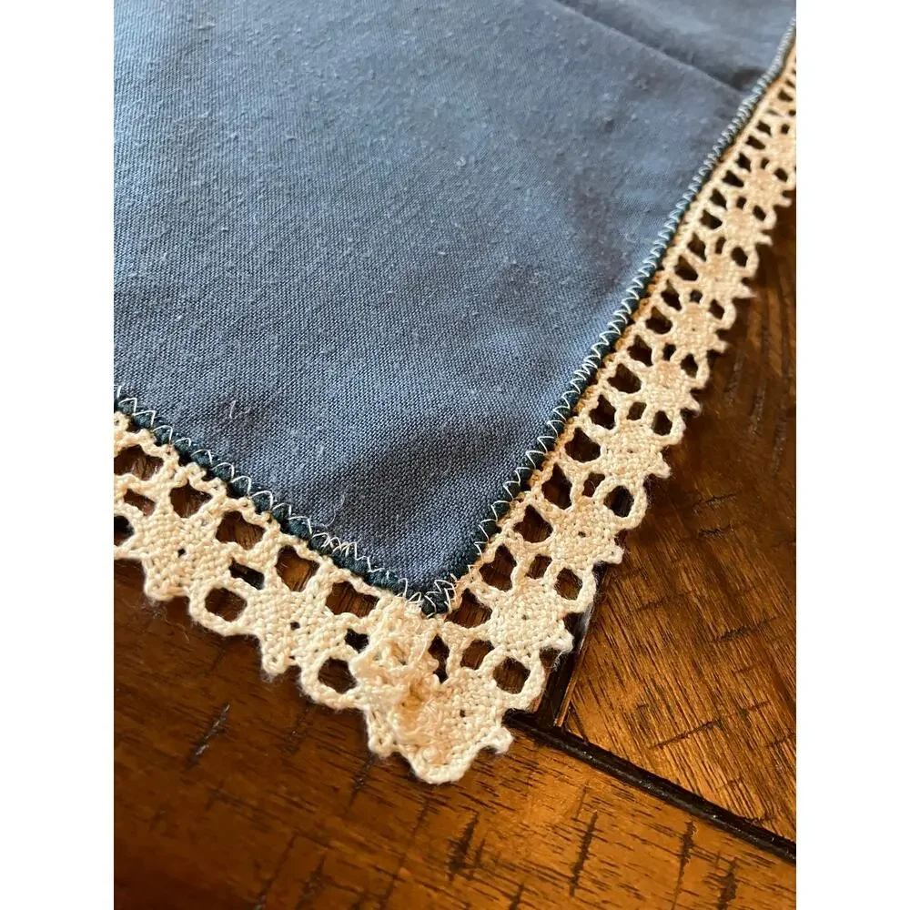Napkin Lot of (4) Blue Cream‎ Handmade Lace Edges Linen(?) Boho Bohemian
